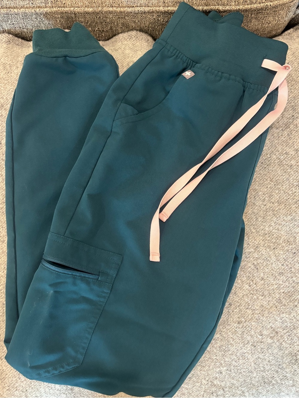 Figs Technical Collection Scrub Bottom in Teal-Blue with Light Pink Drawstring